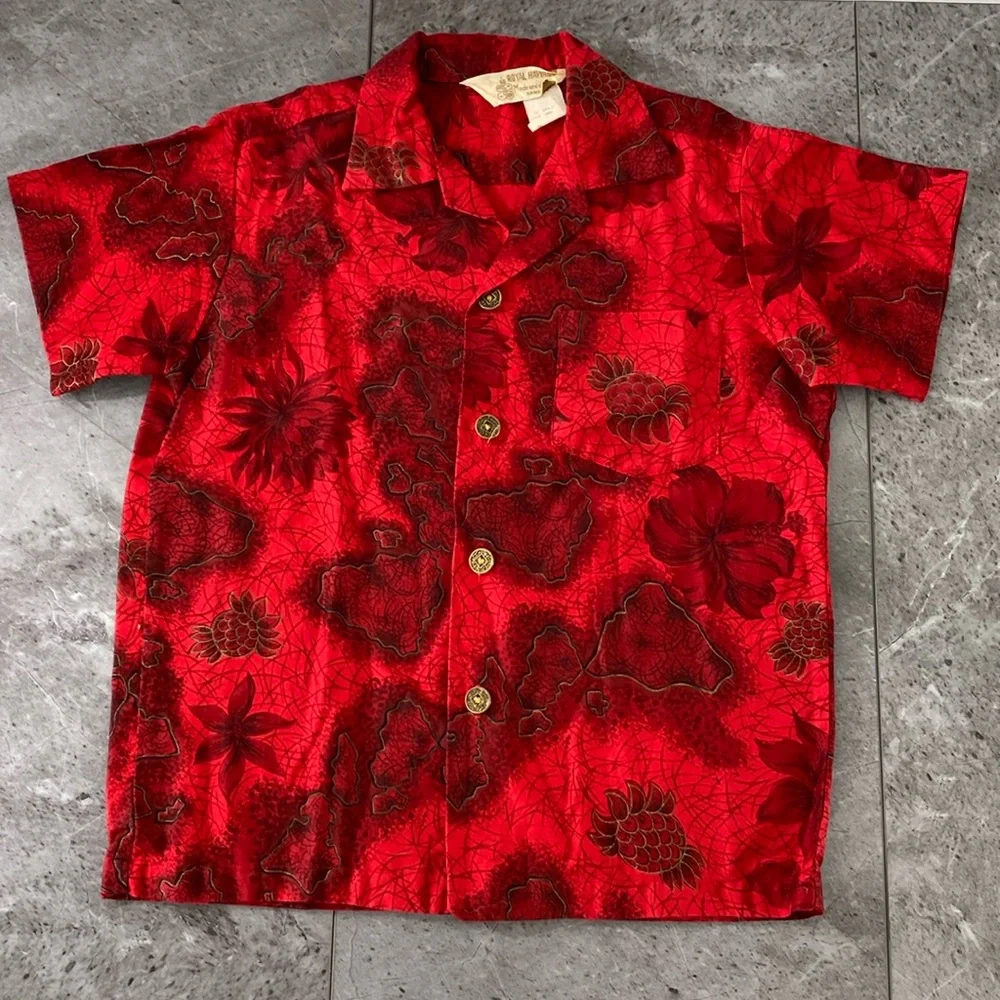 Vintage Royal Hawaiian Shirt Kids 10‎ Red Tropical Button Up Short Sleeve Cotton
